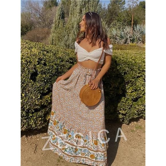 Women's Bohemian Floral Printed Elastic Waist A Line Maxi Skirt with Pockets - Picture 5 of 6